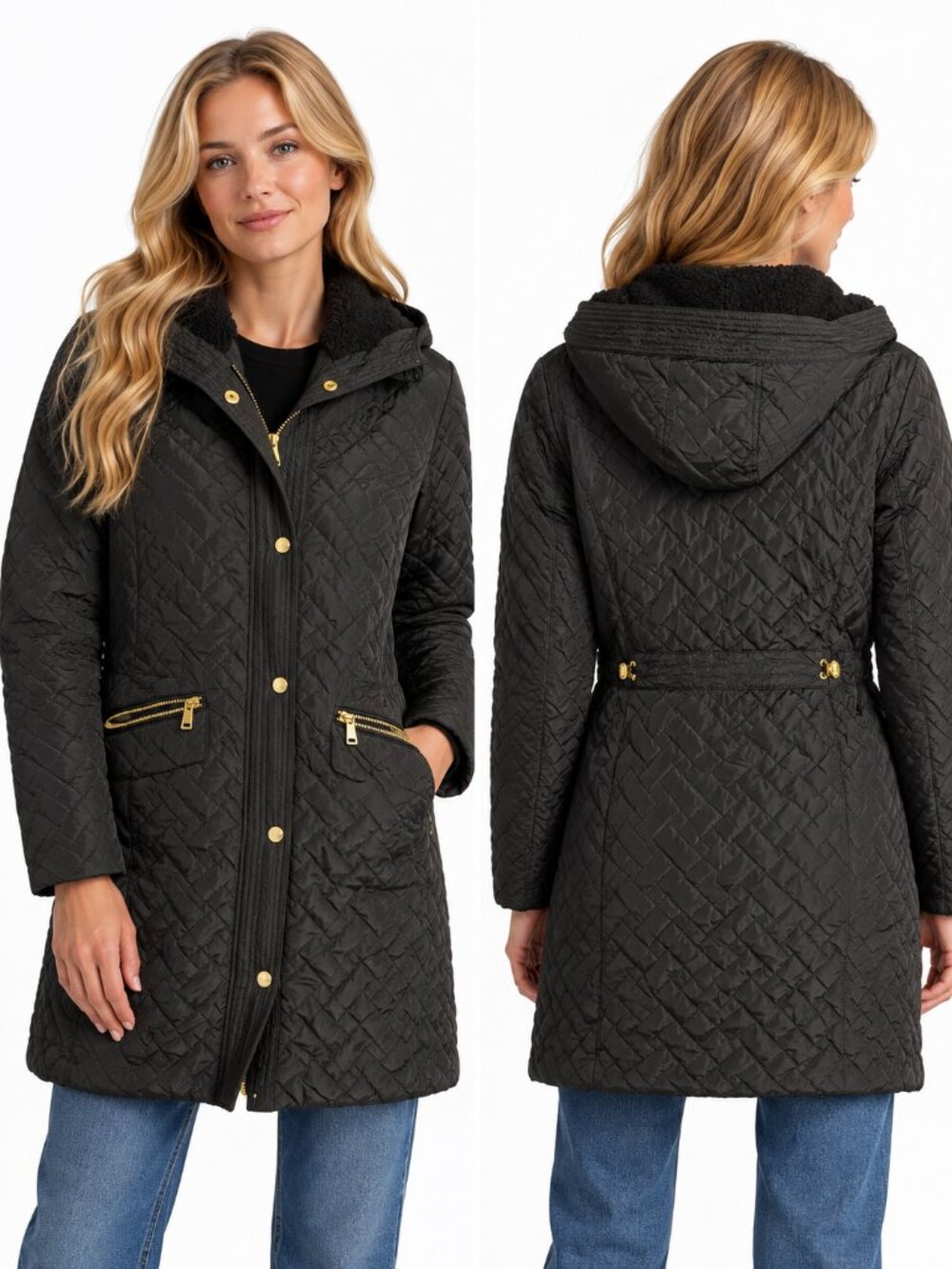 Cole Haan Signature Quilted Hooded Coat Black Gold Hardware Women’s S/P